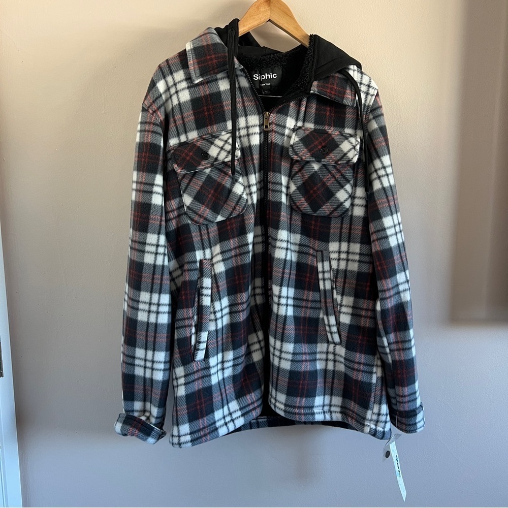 Siphic Zip-Up Fleece Flannel Jacket | Hooded Plaid | NWT | Size L